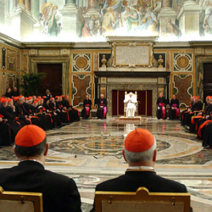 Cardinals seated before the pope at the Vatican