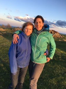 The author and her eldest daughter on top of the mountain for a picnic on a windy evening.